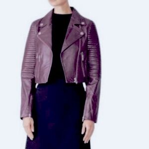Samantha Sipos Purple Eggplant ribbed Leather Biker Moto Short Jacket Size XL